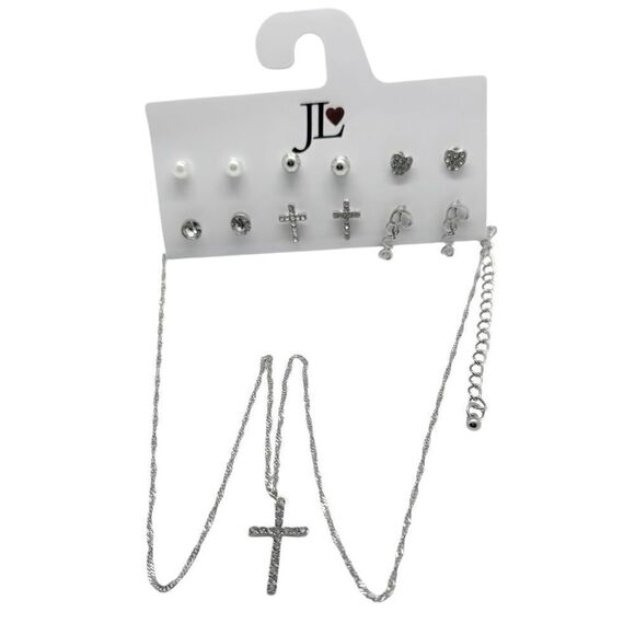 JL❤️ 6 Pairs Pierced Earrings and Cross Necklace Silver Color Style 2900 Cl 1138 - Picture 1 of 4